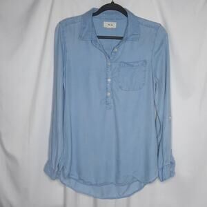 Per Se Women's Pullover Long Sleeve Roll Tab Chambray Blue Shirt Small